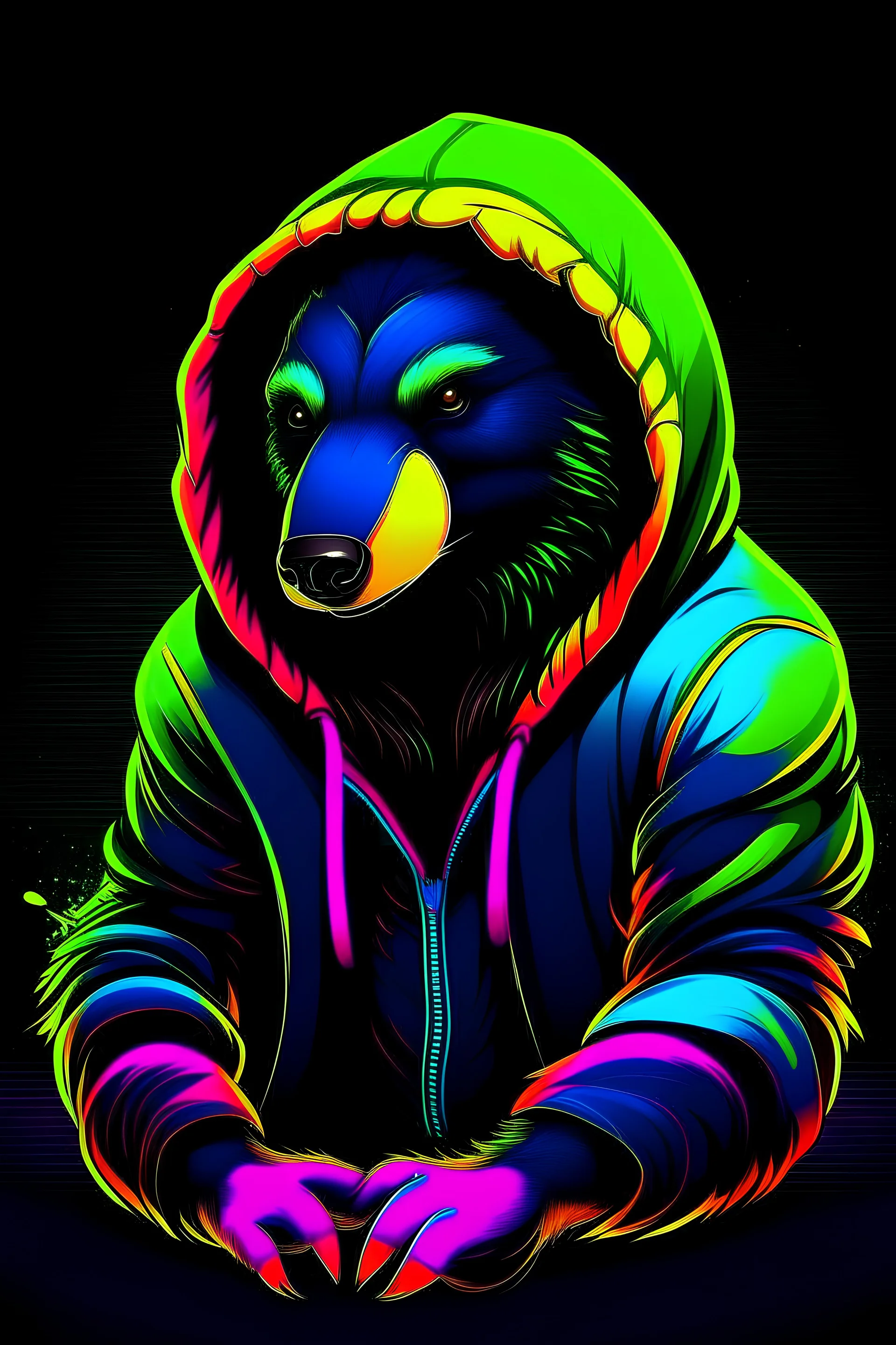 regal looking cyber honey badger wearing a black hoodie with neon colors