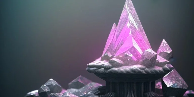 single pink crystal, on an altar in a foggy cave, cinematic,