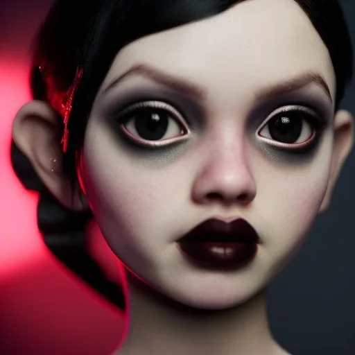 Jenna ortega black dress,soft goth libstick, wednesday addams make up, dramatic lighting, highly detailed, volumetric lighting, unreal engine, 8k