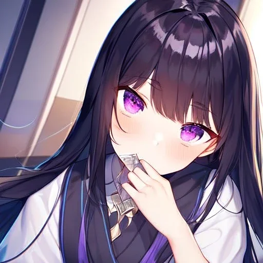 High quality, Detailed, Black long hair, Purple eyes, mouth open, blushing