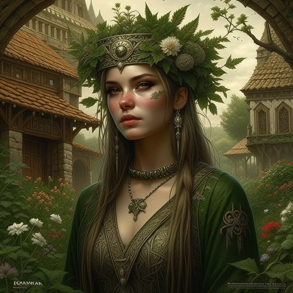 Pagan town, viking art, highly detailed with lush forests, green leafs, flowers, pagan temple with runes, high resolution, 24k, ornate, intricate, complex, digital painting, smooth, art by royo and tom bagshaw