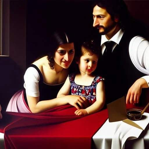 portrait of Jacobo Santiago Mozos born in 1976 and Gemma Arnau Arnau born in 1979,and daughters Eira Santiago Arnau and Dalia Santiago Arnau by Caravaggio,smiling, oil on canvas, cinematic composition, extreme detail,8k,fit full head inside picture,