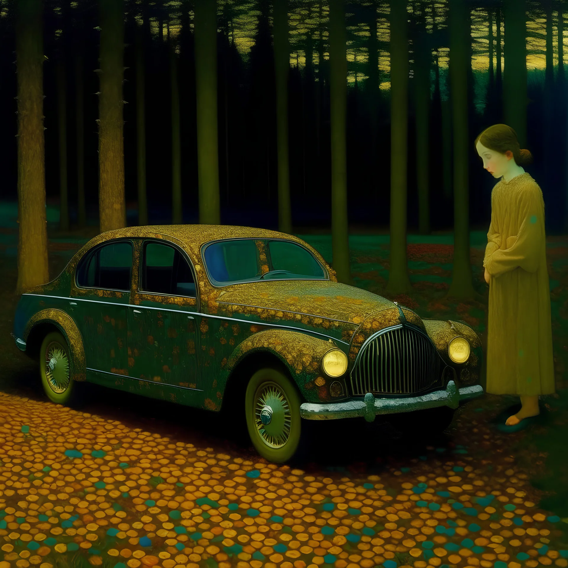 A lonely girl and her car in twilight forest painted by exoresssionist Klimt