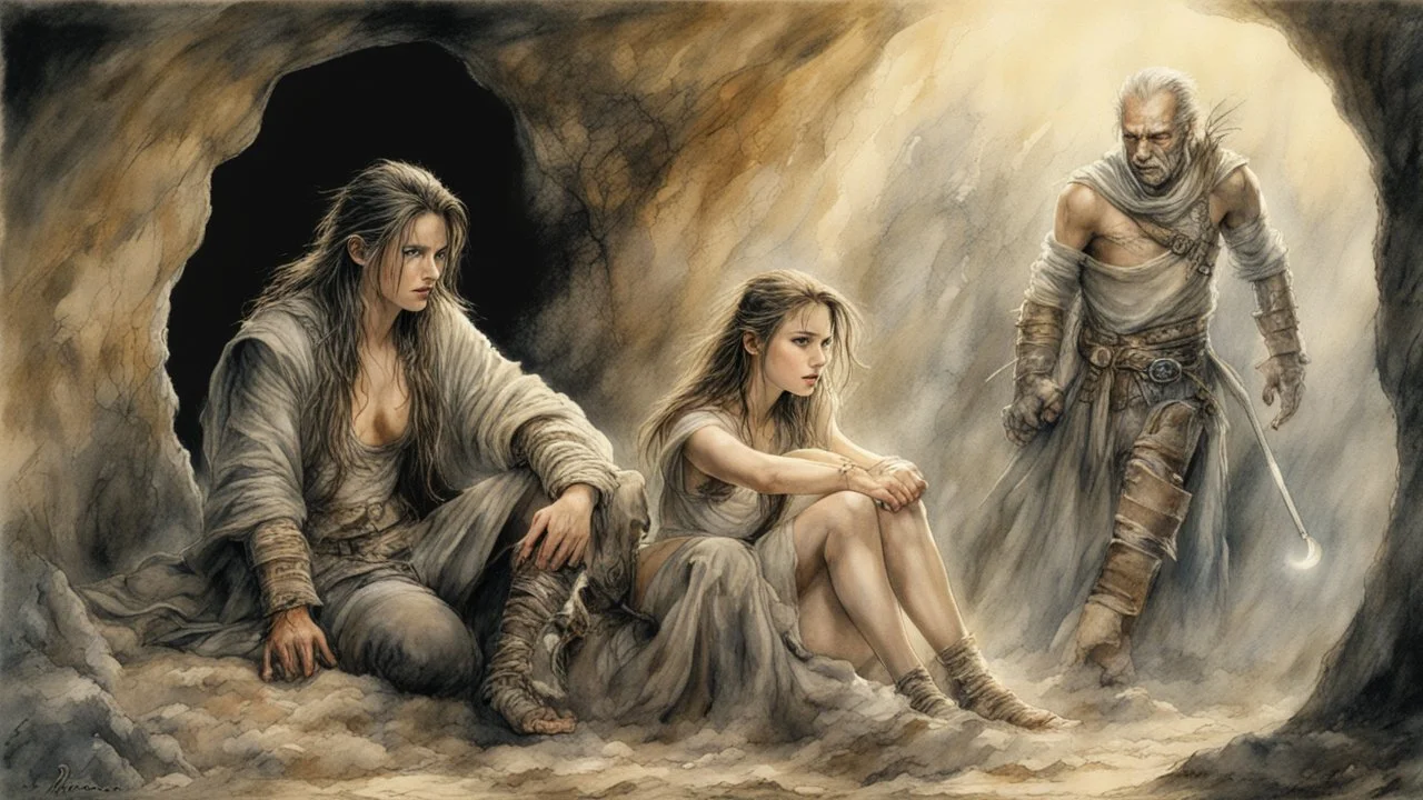 Hyper-photorealistic watercolor art style by Luis Royo, A dark cave lit only by oil lamps, a stone altar, animal skins, a young man and a girl, hyperdetailed face, full body diagonal shot, encounters male bandits in dark fantasy countryside setting, absence of mysterious elements, dramatic lighting, ultrafine detail, octane rendering., darkness world