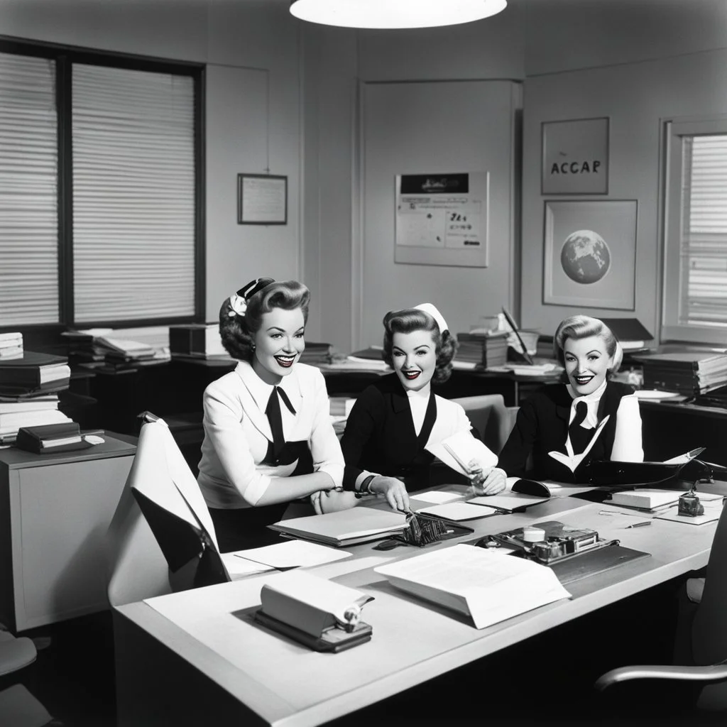 1950s office secretaries working in an office on the moon, having fun in agent provocateur