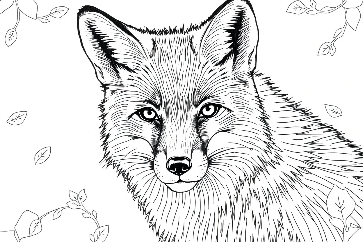 colouring book page, portrait of a fox