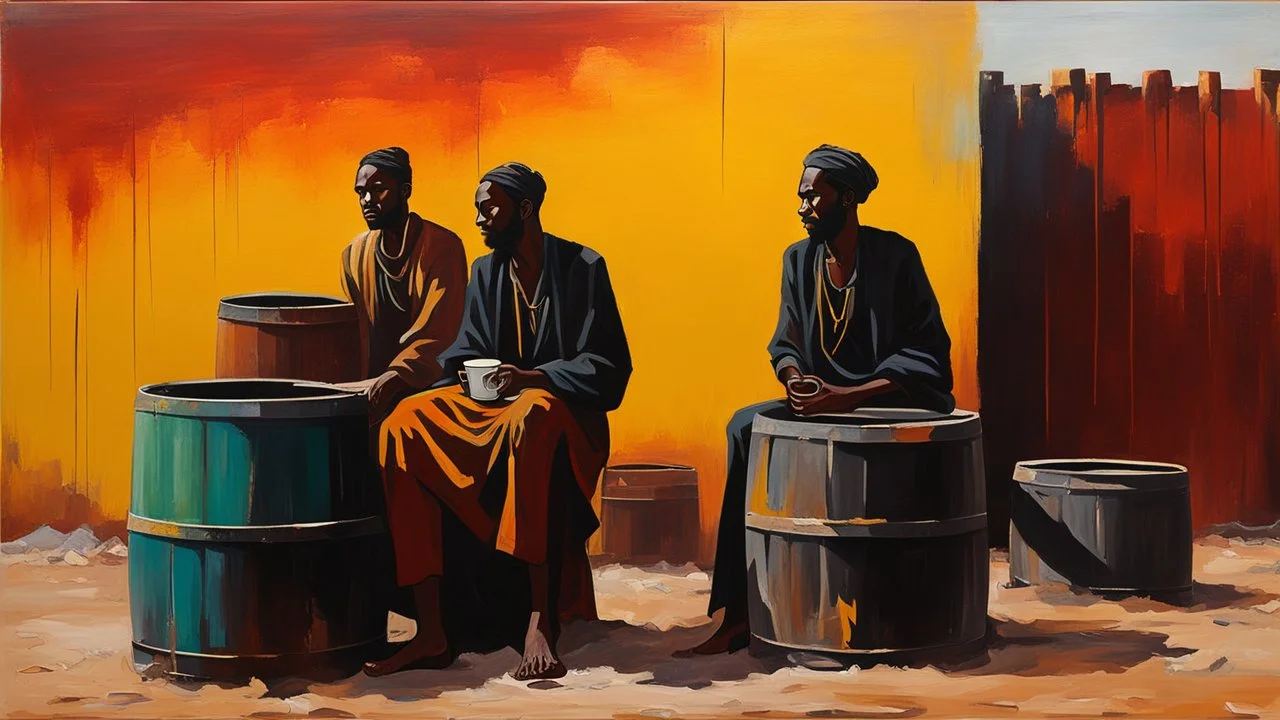 minimalist acrylic impasto painting of two skinny tall black Somali neighbors in 1935 sitting on rusty oil barrels drinking steaming coffee, wide angle, dusty heat, tribal vibe, amazing verticals, great parallels, warm shades of yellow, orange, green and black with sparse deep red leaks, afrofuturism, rusty village decay, arafed doors