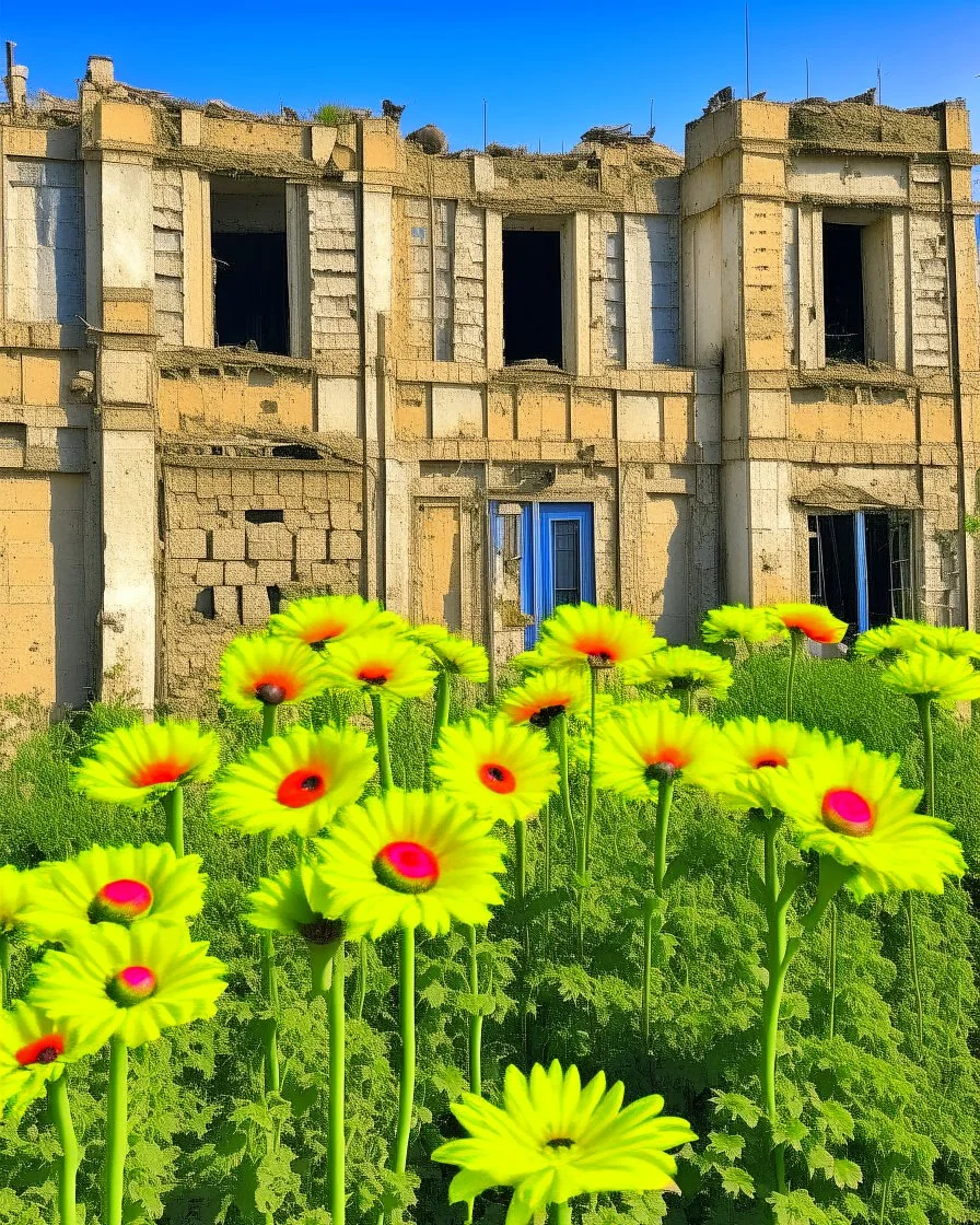 flowers of peace blooming on damaged building in war torn city