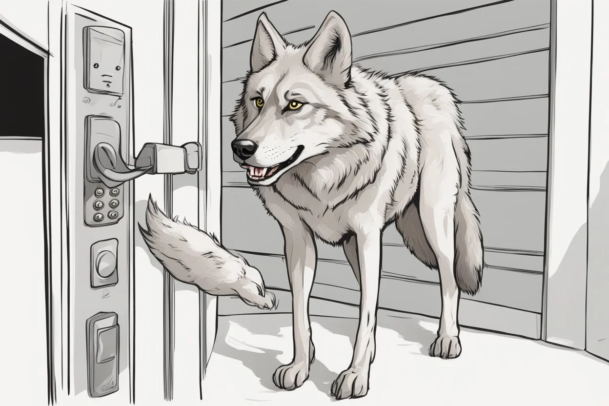 Digital drawing of a wolf hand's ringing the doorbell, I want the wolf point of view, so I want to see just his hand ringing the doorbell, wold's pov