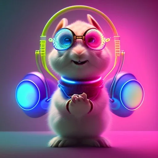 pixar style anamorphic cute smiling baby rabbit, smiling, cyberpunk headphone, sunglass, gangsta gold necklaces, full body, magenta puffer jacket, manila city background, dramatic lighting, hyper realistic, unreal engine 5, 16k