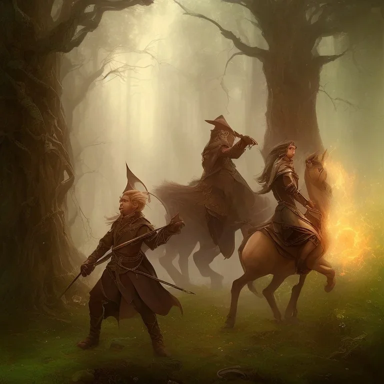 portrait of fantasy cleric elf and a thief and a wizard in the woods painted by william turner