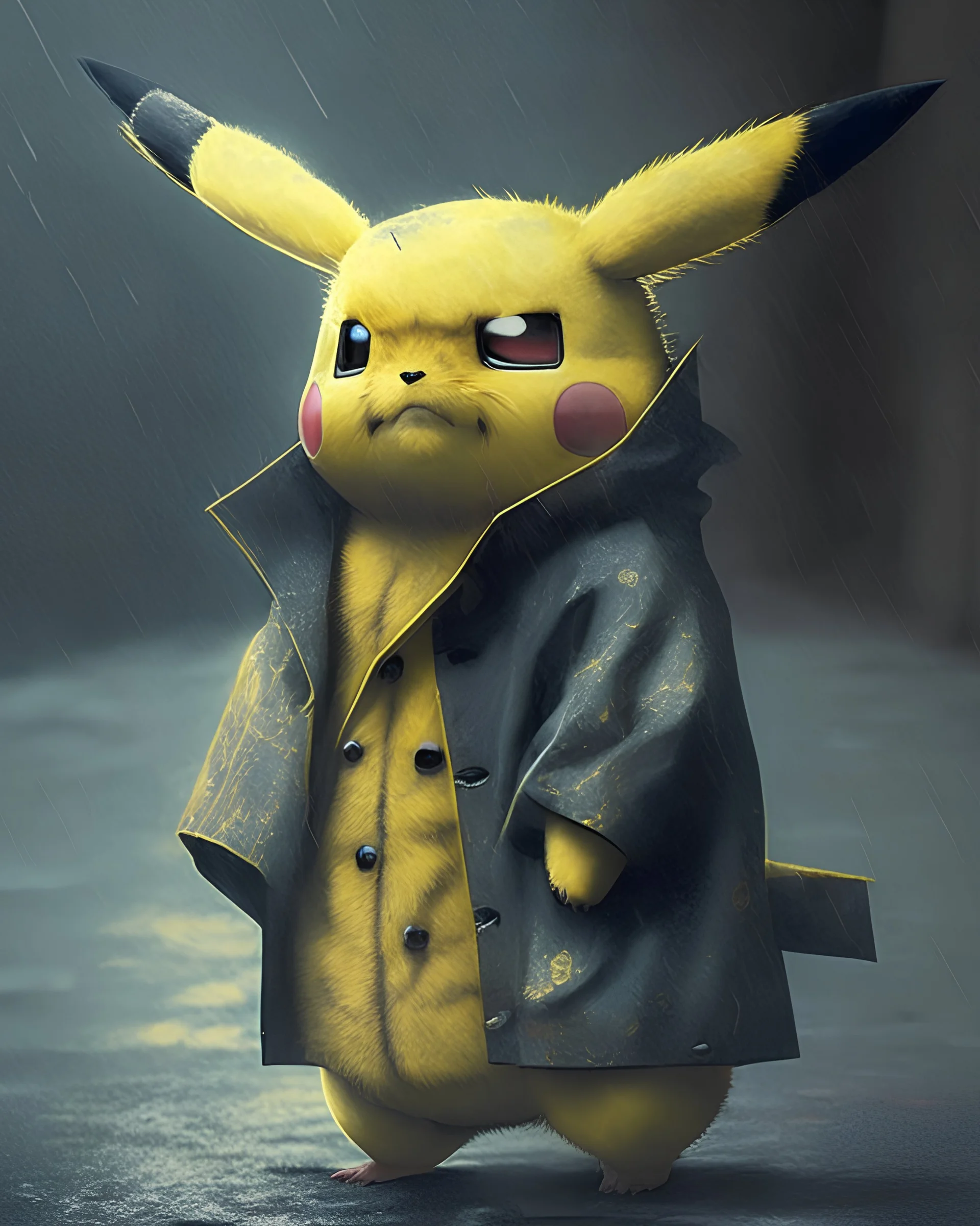 A creepy pikachu with a coat