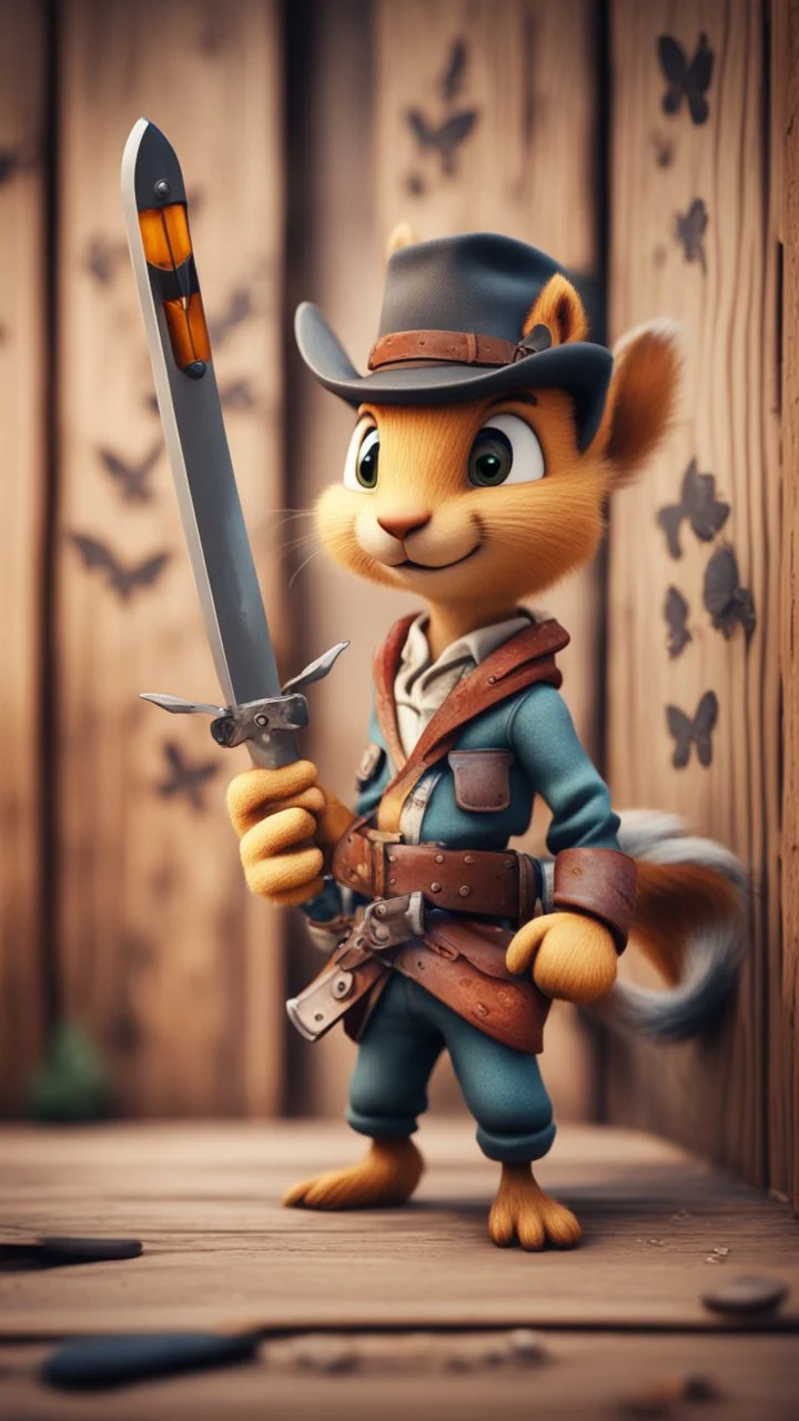 wanted poster on wooden wall depicting a handsome cute cowboy Lucky Luke squirrel ninja with large butterfly knife,bokeh like f/0.8, tilt-shift lens 8k, high detail, smooth render, down-light, unreal engine, prize winning