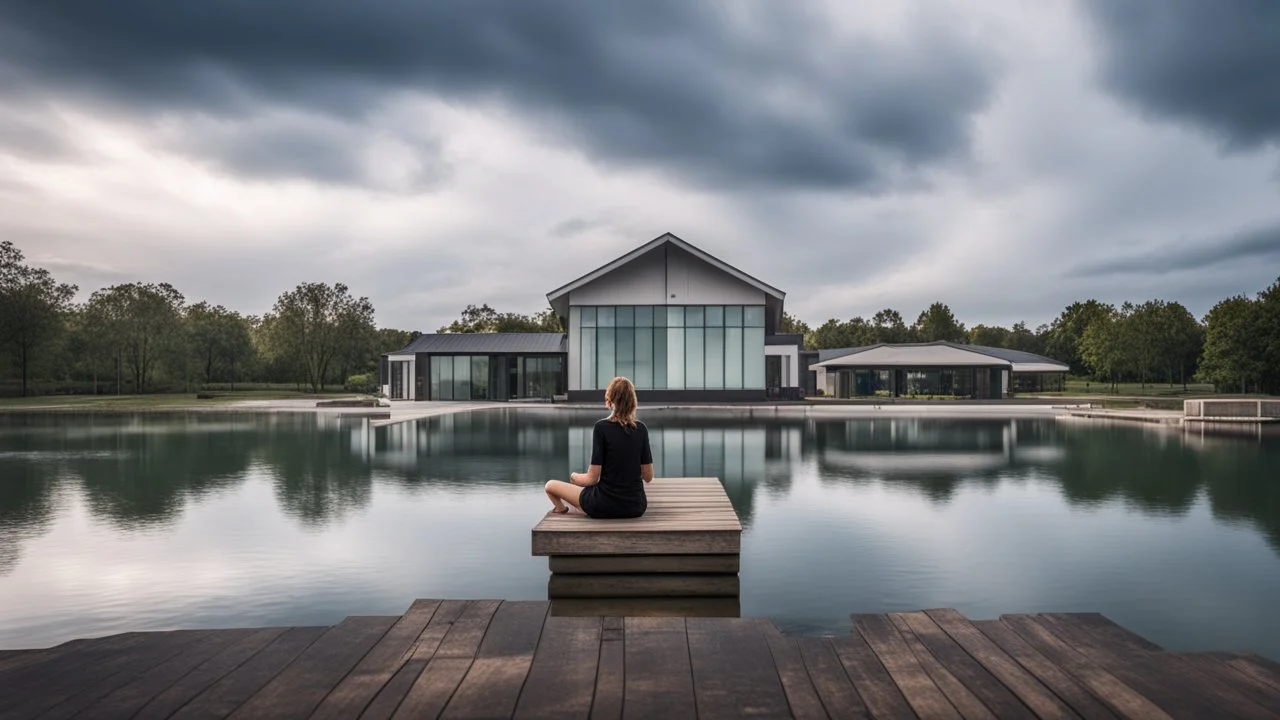 Woman sitting on a jetty with her feet in the water of the lake, in the background you can see a house of modern architecture that is reflected in the lake, the sky threatens storm