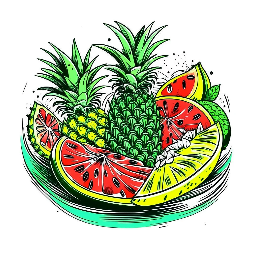 A tropical fruit platter with pineapple and watermelon slices, vibrant, refreshing, overhead lighting, T-shirt design graphic, vector, contour, white background