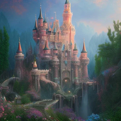 8K realistic dreamscape with magical castle, Cascades of bright flowers, majestic, intricate, masterpiece, insanely detailed, cinematic smooth, intricate details , soft smooth lighting, soft smooth pastel colors, iridescent accents