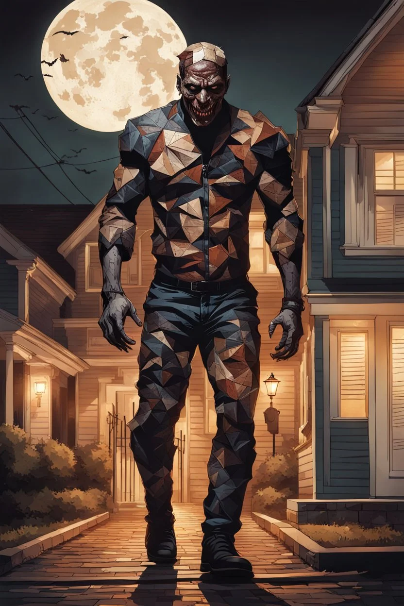 a demon dressed in a human body patchwork sewn of big pieces of human skin. walking in a nice residential area at night. scary. terrifying. intense horror. book cover art.