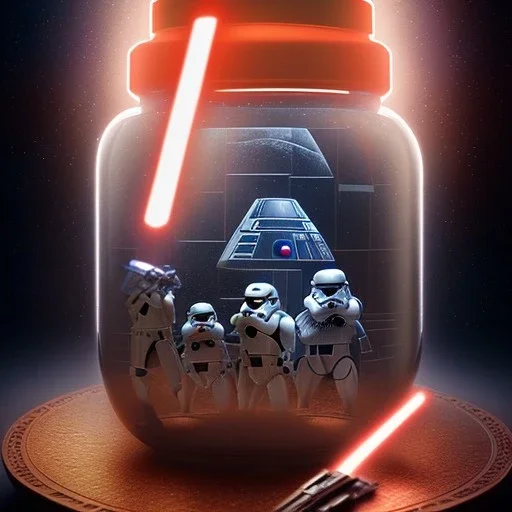 Star wars characters in a jar floating, super high resolution, professional photograph, in focus, beautiful detail, professional digital art, stunning 4k, volumetric light, Award-winning photograph, photography, tokio background