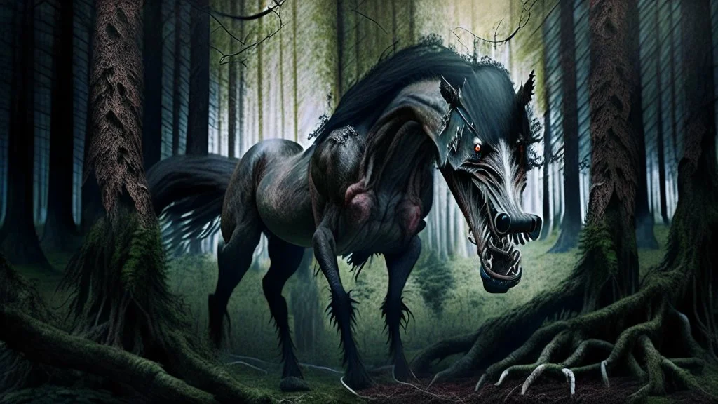 monster horse with claws and fangs in woodland