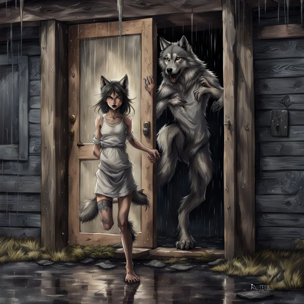 fantasy digital art of a young girll anthro wolf have gray hairy wolf body gray paws, and wears just a short canvas rag around her waist , she have sadly face in the rain kicked out of the house, falls towards the camera, behind her an tall angry anthro wolf man just in dark gray body hairy kicks she out the door with his foot, behind in rustic halb open door in an massive wooden house, rainy day, detailed, fantasy mood