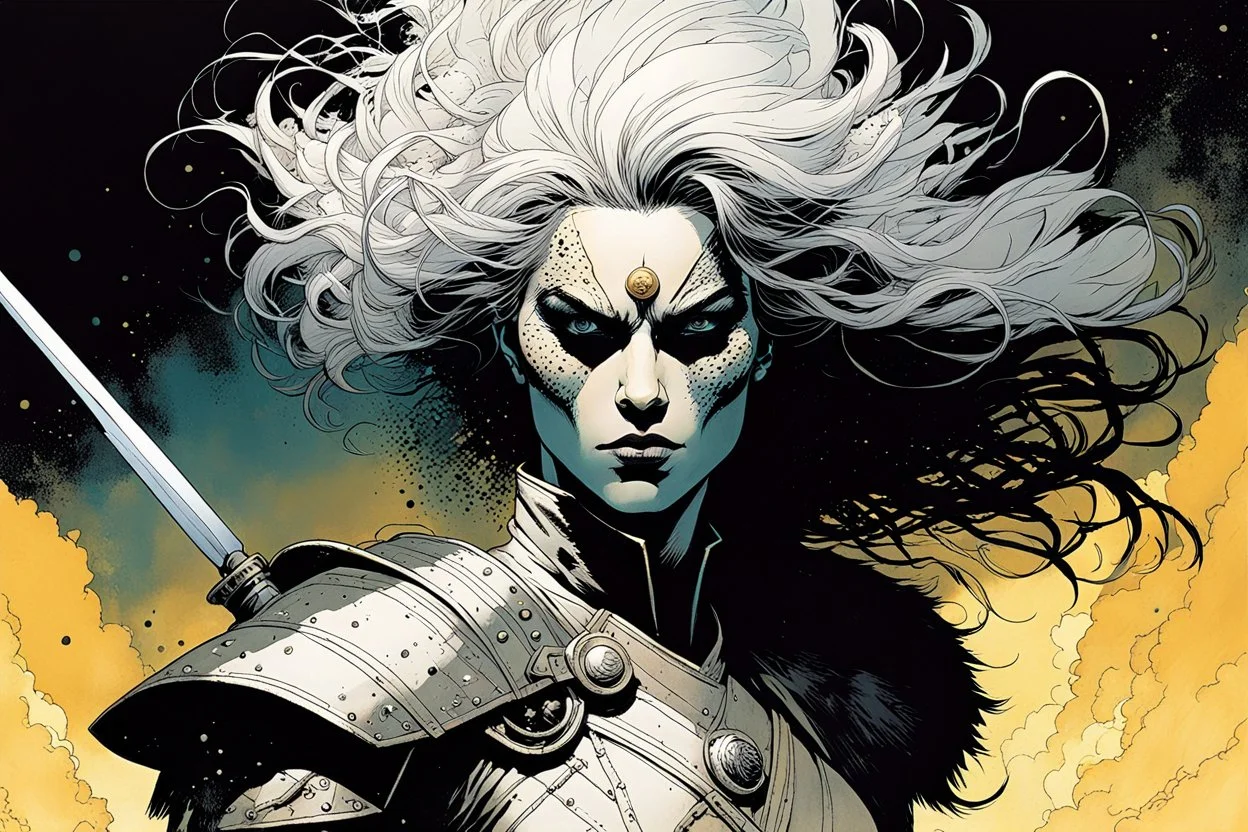 create an ethereal, otherworldly anthropomorphic female warrior , in the comic book art style of Mike Mignola, Bill Sienkiewicz, and Jean Giraud Moebius, with highly detailed fur and feminine facial features , finely inked , dramatic natural lighting