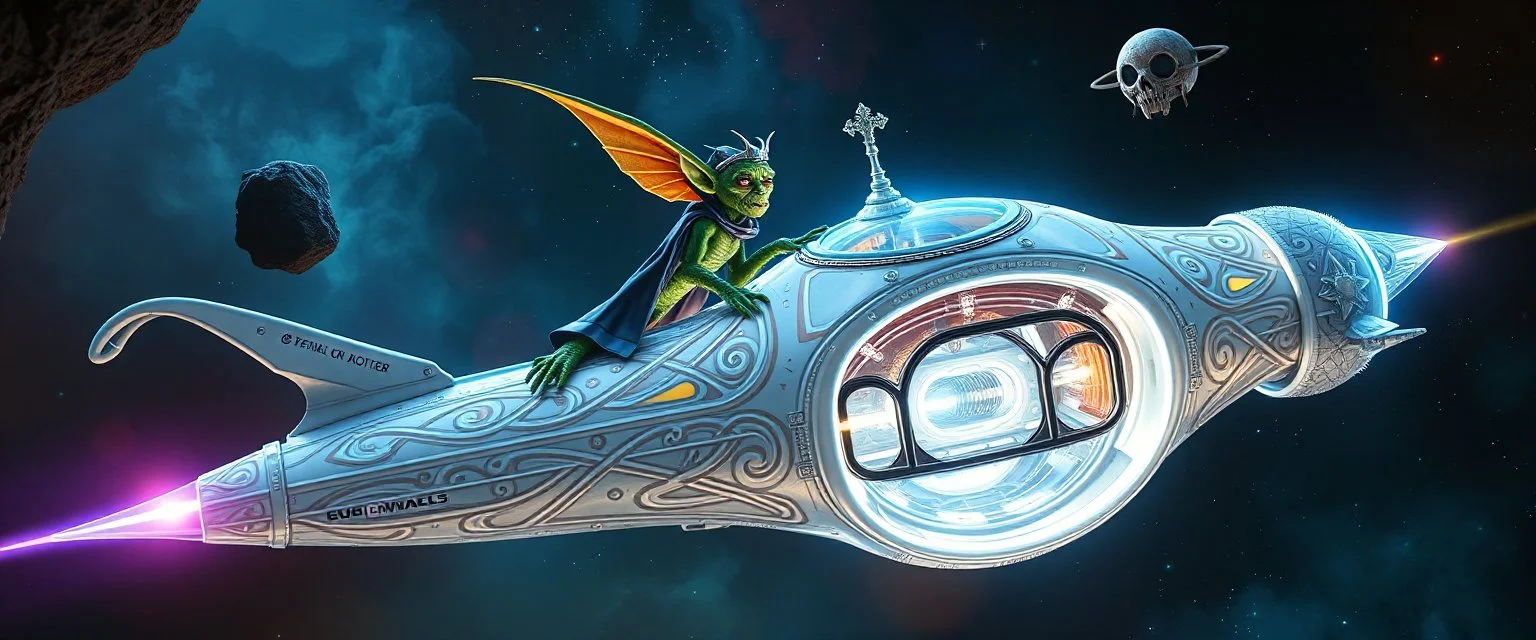 portrait of space captain, gremlin, priest psycho, celtic knot hollow tube transparent core ornate indented space ship, shiny bright mega ship flourescent white blue like bubble gum with a few big windows and decks, interdimensional twister, rock against colored spaced fog, space interior. split tail, winged serpent, glowing aura
