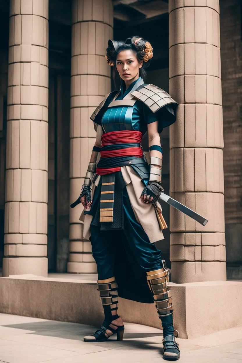 woman in retro-futurist samurai costuming standing while leaning to the side against a stone pillar of a egyptian+cyberpunk building