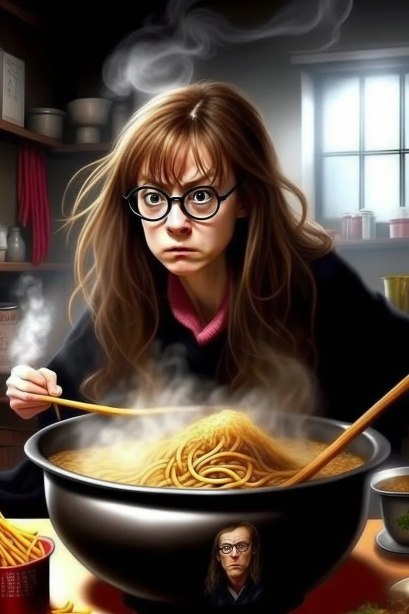 Angry Harry Potter use pot with chinese noodles stay behind the Hermione Granger