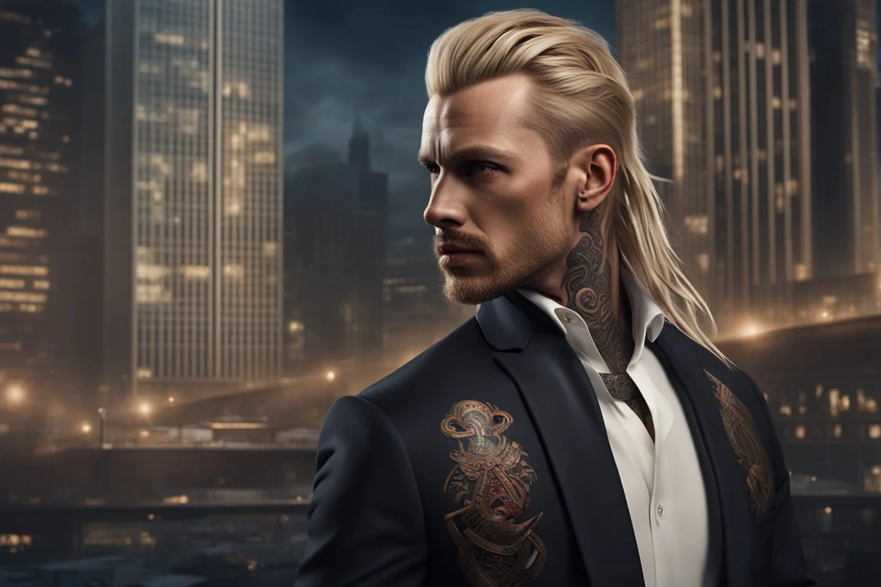 photorealistic portait of henry cavell as mercenary with long blonde hair undercut tribal tattoos wearing smart suit cityscape