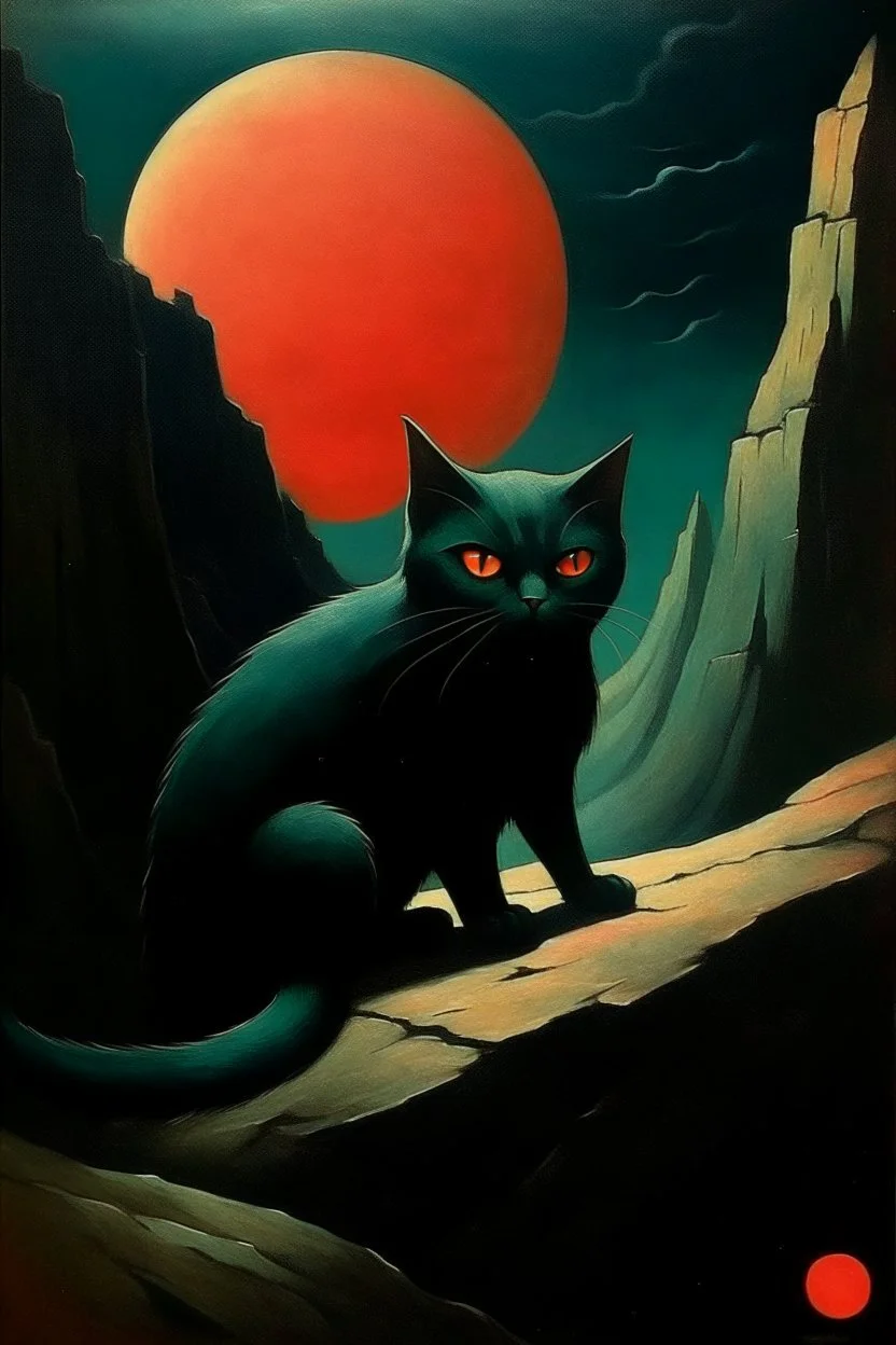 1970's dark fantasy cover dnd style painting of a cat with minimalist far perspective