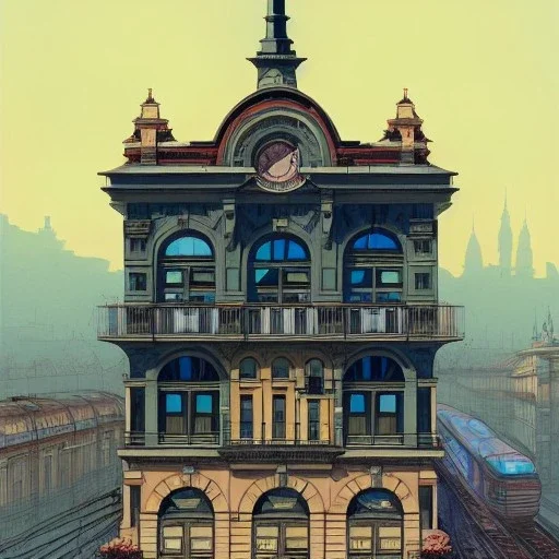 Trainstation on top of building +Beaux Arts architecture+artdeco architecture+detailed facades+uphill road+trees+ biopunk+Bueno Aires+turin+trieste+Book illustration by Gediminas Pranckevičius, Jean Baptiste Monge, Brian Kesinger, Anton fadeev, Kilian Eng, strong lines, high contrast vibrant colors, highly detailed, 16k resolution, trending on behance