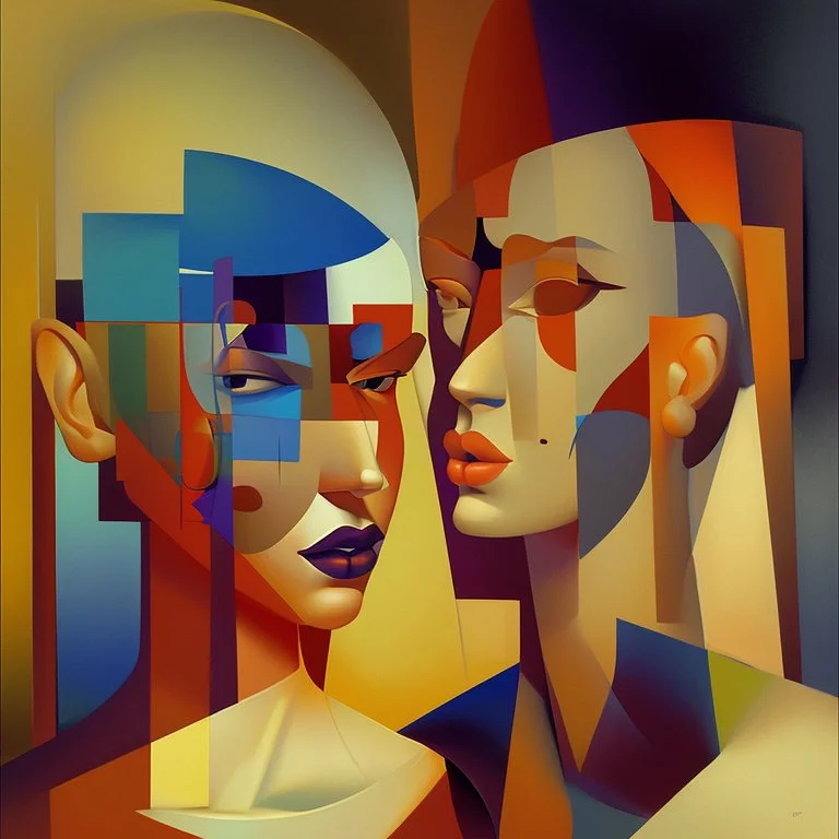 a painting of a man and a woman, a cubist painting by Keith Mallett, cg society, figurative art, cubism, fauvism, art