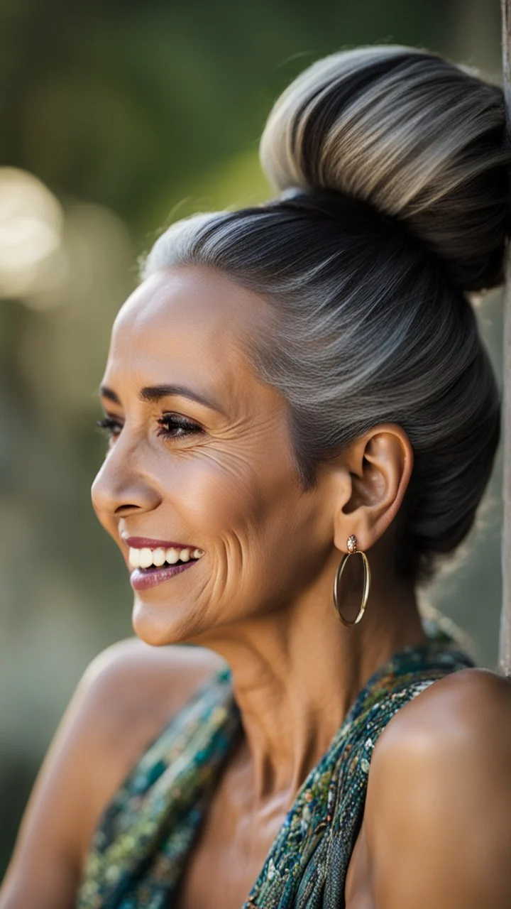 Portrait of a 60 year old Olive skinned woman with greying hair tied up in a bun, smiling