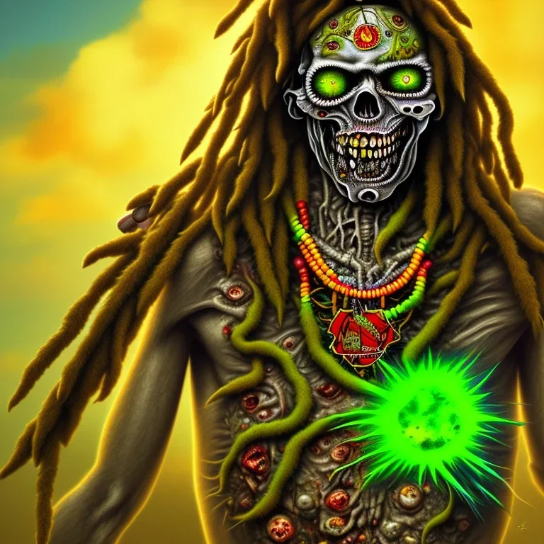 Corps entier Zombie rastafary iron maiden feuille cannabis, yeux rouges, bandeau couleur rasta,4k, couleur chaudes, plage et explosion nucléaire en fond image