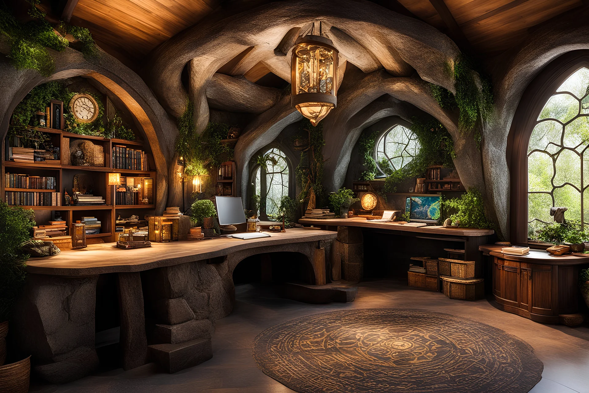 A large Hobbit style office with a druidish theme and a big stone desk