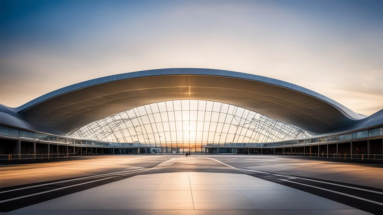 614, delightful, sensitive, confident, parabolic airport terminal with cusps, delicate, sunrise, architecture, award-winning photograph, beautiful composition, filled with beautiful detail, delicate colour, chiaroscuro