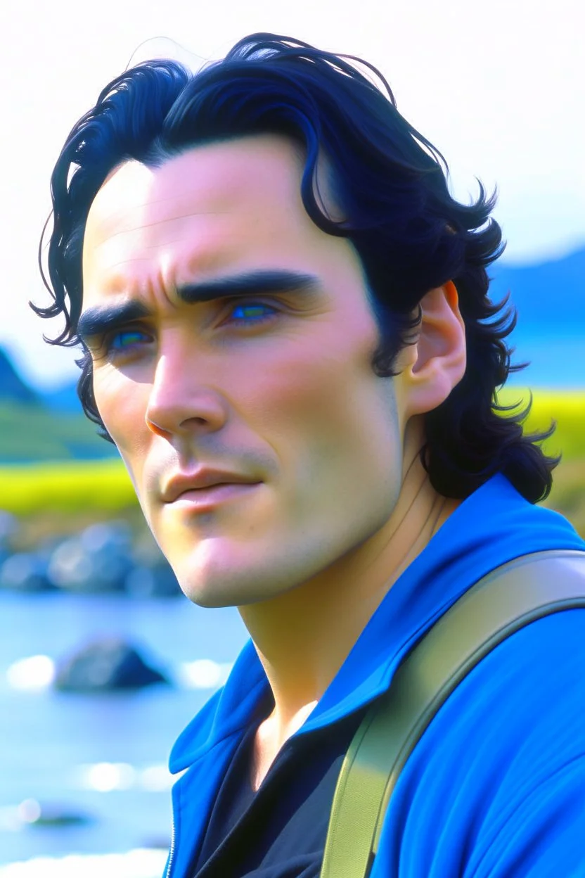 A portrait of Joaquin Phoenix in his early 30s, long beachy haircut, black hair, on a rocky island, in ebony armor from Skyrim, melancholic and dangerous facial expression, half-smiling