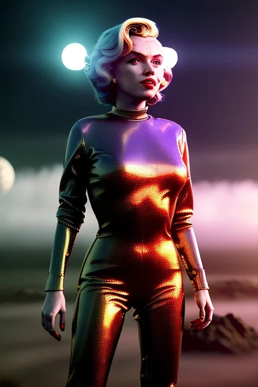 Ultra Realistic retro sci-fi scene, portrait, blonde woman, sweet young Marilyn Monroe face, perfect iris, tight latex coat, Strange planet background, Retro sci-fi style helmet, fog, rain, soft color, highly detailed, unreal engine 5, ray tracing, RTX, lumen lighting, ultra detail, volumetric lighting, 3d, finely drawn, high definition, high resolution.