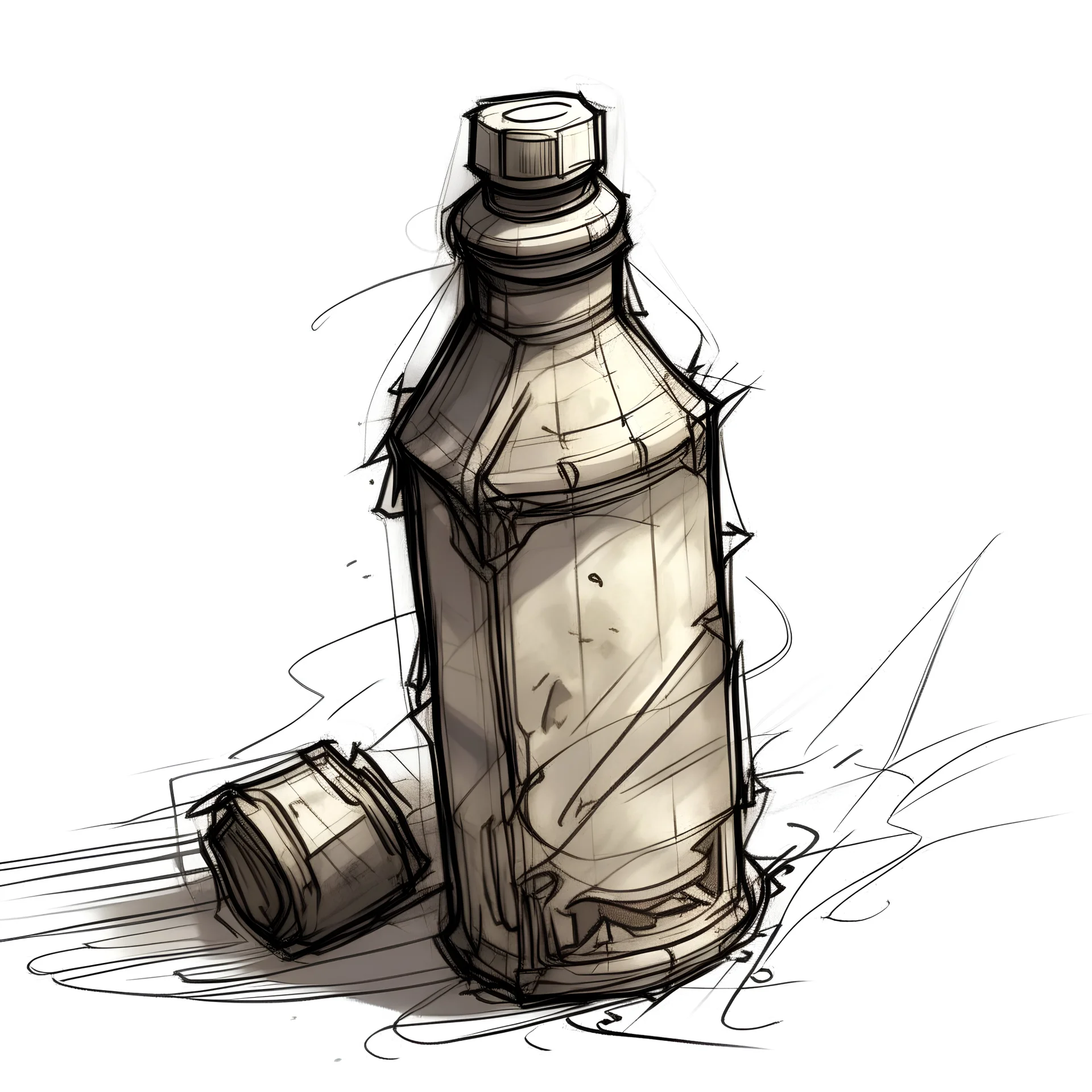 water bottle, post-apocalyptic, rough sketch