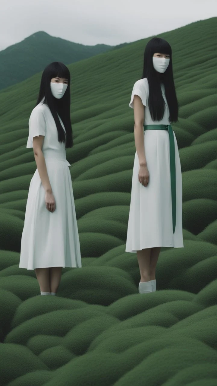 a group of no face women with mask standing on top of a lush green hillside, inspired by Ren Hang, design milk, long black hair, whites, wanderers traveling from afar, trending on artisation, cloning spell, coat pleats, in twin peaks, submarine, by Helen Thomas Dranga, symetry, round-cropped, noire photo