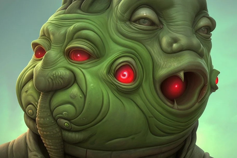 Digital illustration of a (((Vogon))), characterized by green skin, red eyes, and a large nose with rotten teeth. Art style inspired by surrealism and grotesque aesthetics. Background: bureaucratic setting. Use a fish-eye lens for a distorted perspective. Influenced by artists on Dribble and Deviantart. High-resolution image emphasizing the absurd and repulsive nature.Alchemy v2 dynamicLeonardo Diffusion XL