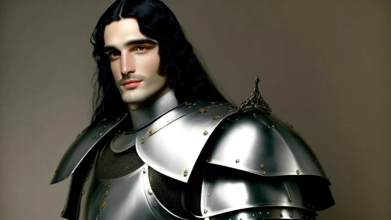 A dashing knight in steel plate armour, long black hair, pretty face, dignified, no beard, no moustache