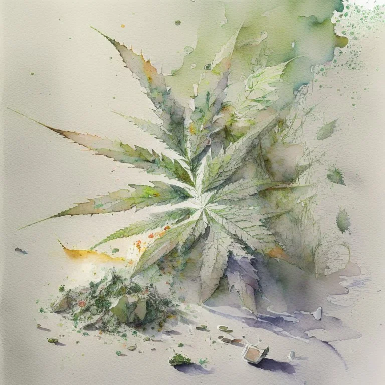 Incorporate crushed weed as scattered fragments across the composition, resembling and textures., watercolour sketch