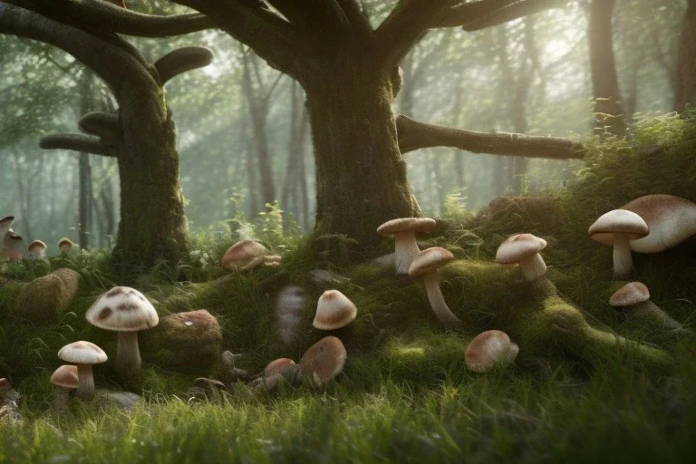 enchanted forest, rabbits, squirrels, mushroom