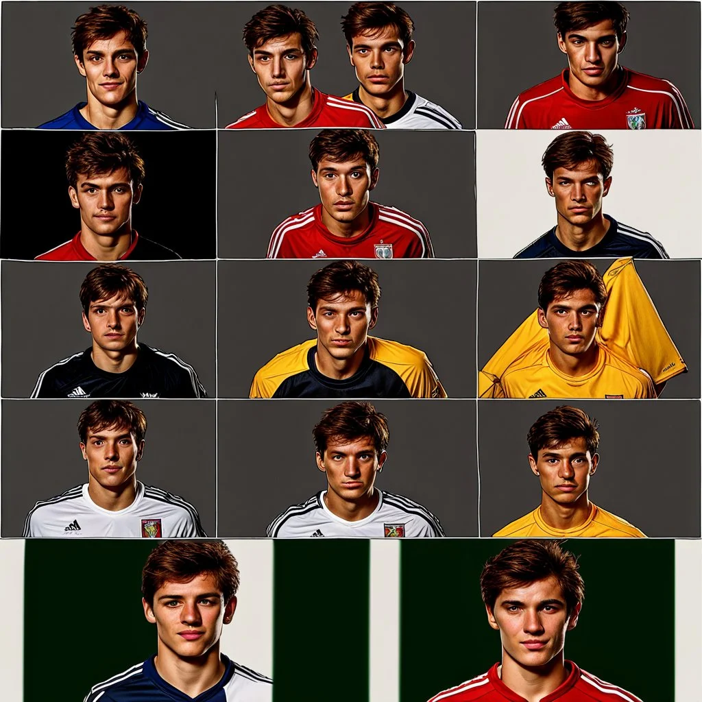 85mm DSLR color photography of a very detailed headshot fitting all of head and hair in frame. 18-year-old italian soccer player, with brown hair color and no facial hair and has very short hair and with a small smile, grey background make him look like he has spanish origins