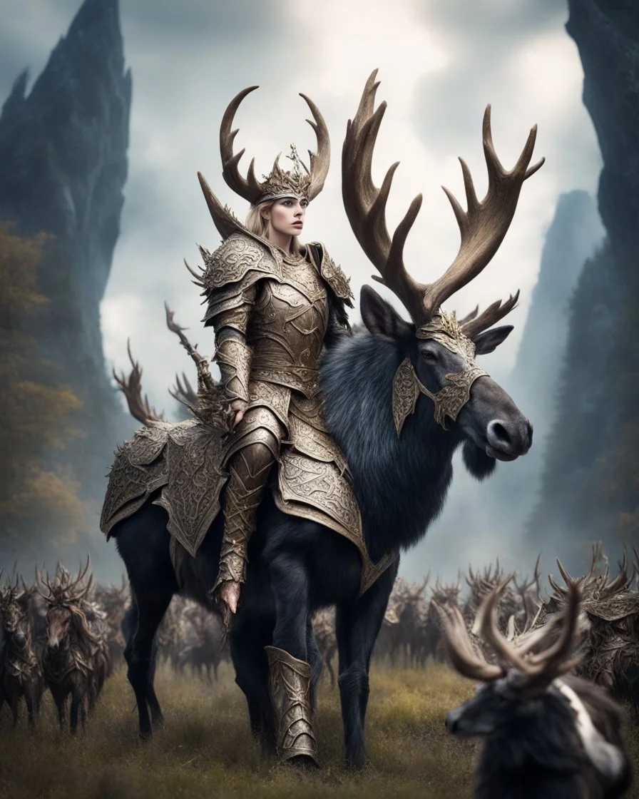 Photography another world Elf,imaginary angle view from a far lineup thousands troops Elfs wearing luxurious unique armor guardian,crown ,riding big wild moose ready to battfield