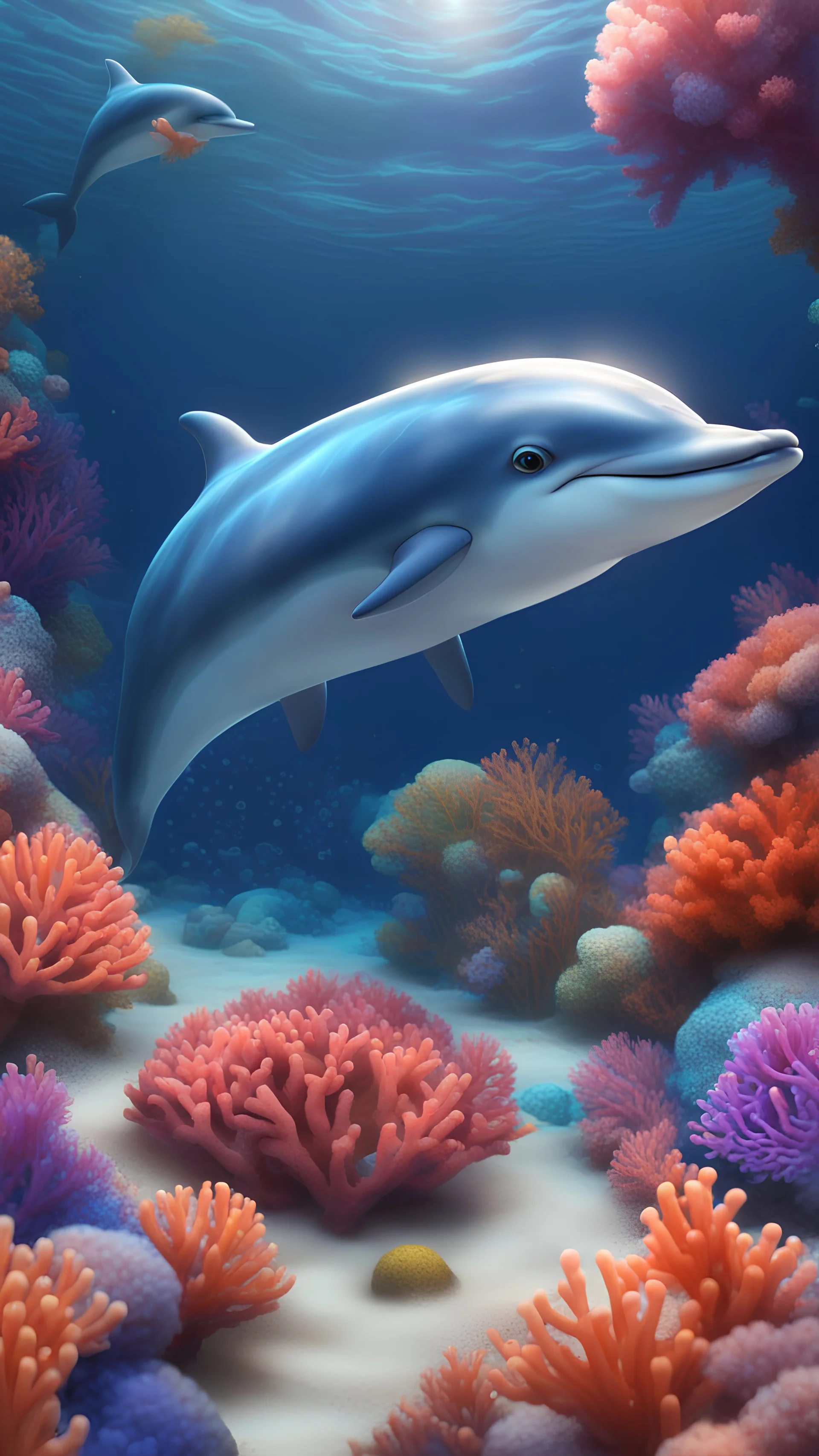 Kawaii, Cartoon, one cute dolphin in the ocean floor with bright colorful corals, All body, with sweet eyes, two fins and a perfect dolphin tail , Caricature, Realism, Beautiful, Delicate Shades, Lights, Intricate, CGI, Botanical Art, Animal Art, Art Decoration, Realism, 4K , Detailed drawing, Depth of field, Digital painting, Computer graphics, Raw photo, HDR