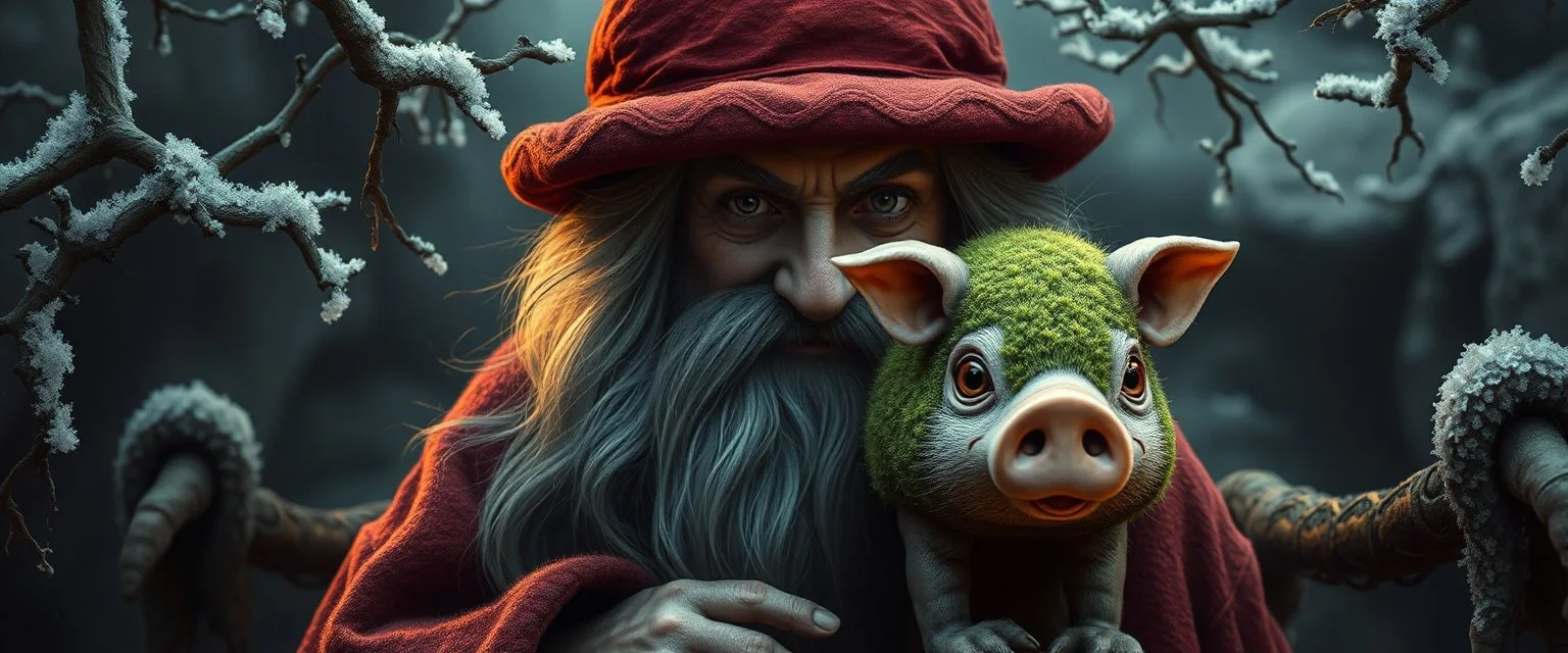 close up portrait of wizard behind that cute evil moss pig on the bridge, Beneath the frozen boughs he strode, Where glassy frost did bite the road. The bridge did arch o’er shadowed flood, And whispering waters ran like blood. Each step a ghost, each breath a flame, The cavern shivered at his name. *(Verse II)* From corner dark, a rustle, a squeak, A nimble shadow, clever and meek. Its eyes did glimmer with childish guile, Yet laughter edged with malice vile.