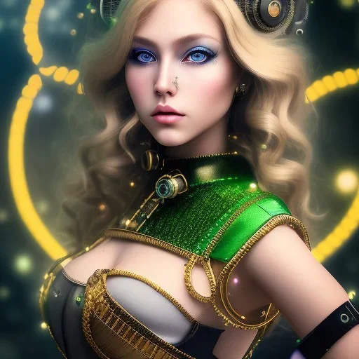 portrait of a teenager girl with curly blonde hair and green eyes,steampunk style,8k quality,full body shot, masterpiece, best quality,sparkling eyes, fluorescent skin, colorful makeup, highly detailed body,sun light, 4K, RAW, depth of field, high contrast, realistic details, 24mm