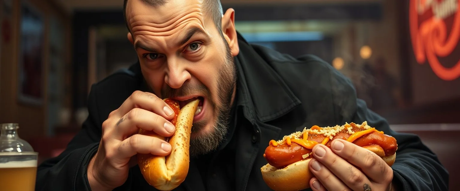 mean looking mafia thug eating a two hot dogs
